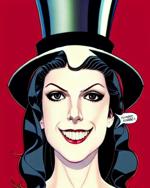 Image similar to beautiful Anna Kendrick Zatanna DC Comics floating on stage, wearing a top hat, symmetrical face symmetrical eyes, smiling, intricate details, atmospheric, art by eiichiro oda, Joshua Middleton art