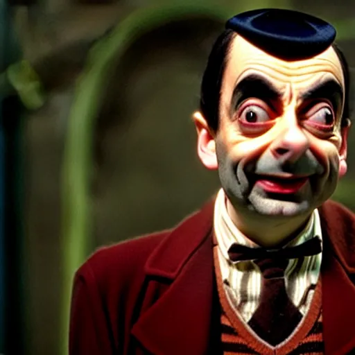 Image similar to mr. bean as beetlejuice. movie still. cinematic lighting.