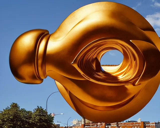 Image similar to by szukalski, francis bacon, vivian maier, mystical redscale photography evocative. a beautiful carved kinetic sculpture of a gold and obsidian birth of the machine intelligence, standing in a city center.