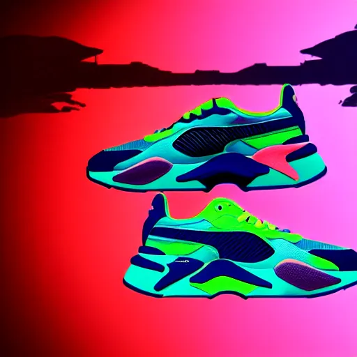 Prompt: puma rs - x sneakers, vfx art, unreal engine render, claymation style, colourful, volumetric light, digital painting, digital illustration, dramatic light,