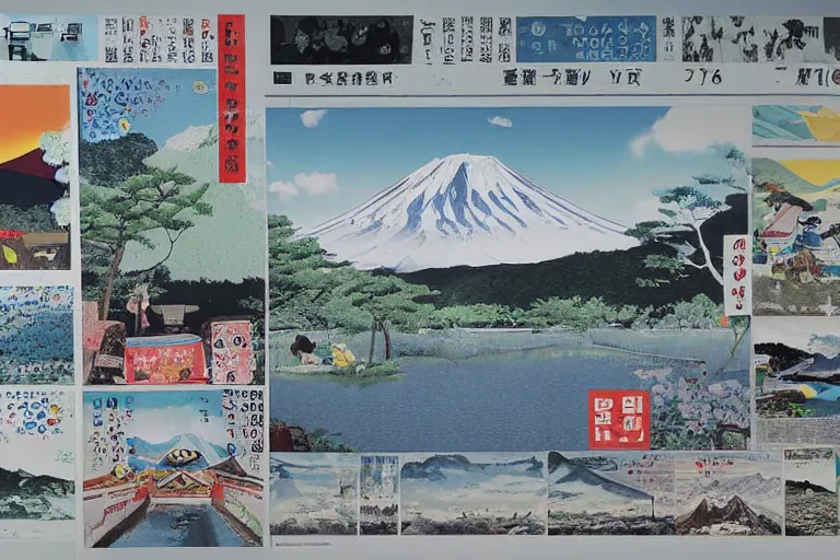 Prompt: award winning graphic design poster, photograph, manga and newspaper cutouts of a variety of images of japan travel, natural landscape beauty, tastes, crafts and more, constructing an assemblage of mount fuji and bullet train, isolated on white, photocollage painting by National Geographic, Man Ray, David Hockney