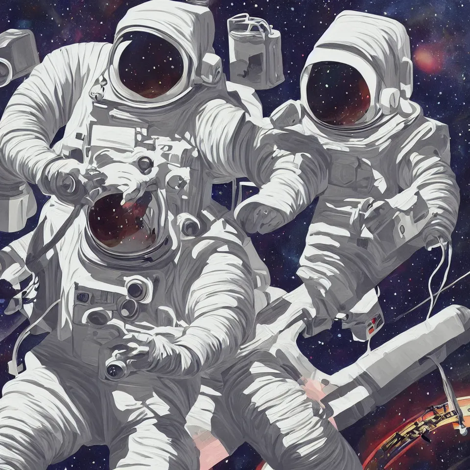 Image similar to an astronaut with headphone playing keyboard in the space, digital painting, digital art, illustrated by alex ross