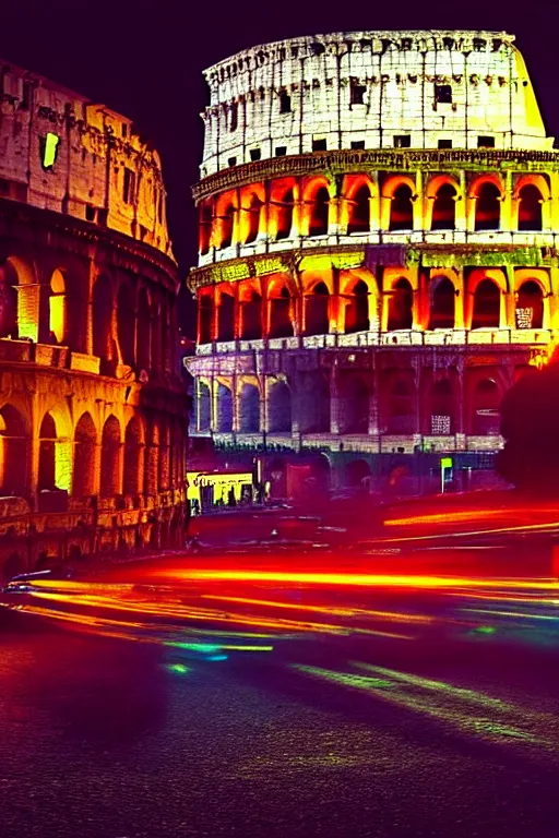 Image similar to neon streets of rome with colosseum in background, 4 k, award winning photo, cyberpunk style