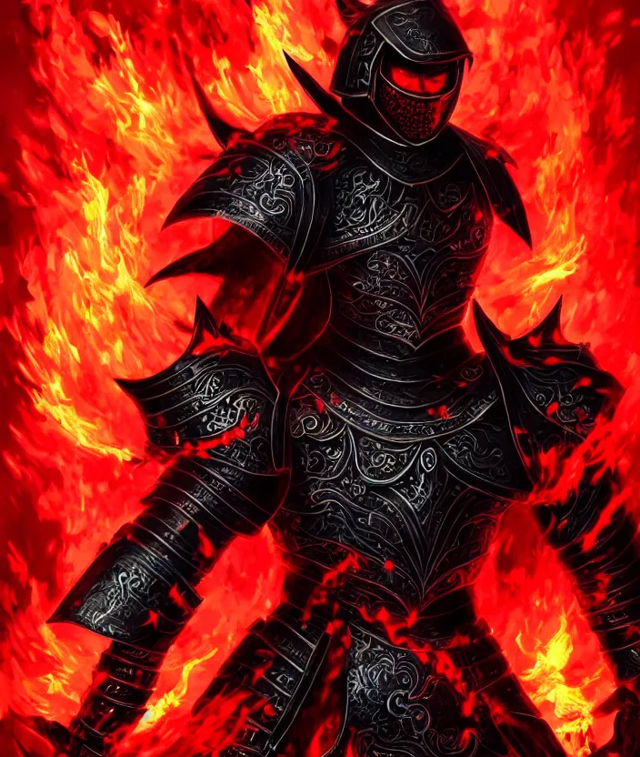 Image similar to a detailed manga character illustration of a dark warrior in black plated armour surrounded by red flames, trending on artstation, digital art, 4 k resolution, detailed, octane render, high quality, sharp focus, hq artwork, insane detail, concept art, character concept, character illustration, full body illustration