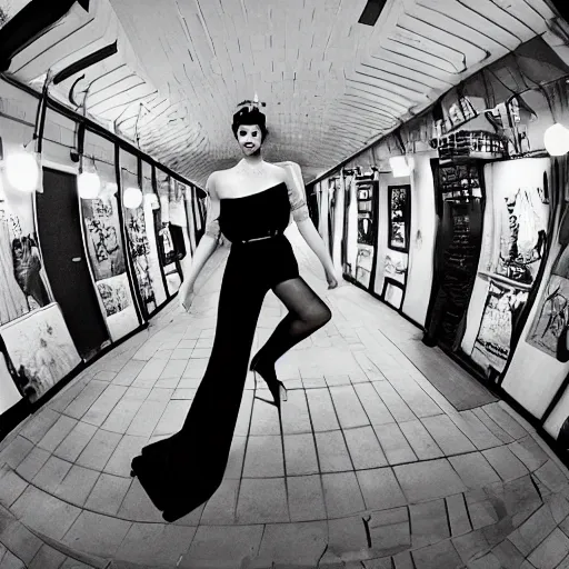 Image similar to fisheye medium format photograph of a surreal fashion shoot at night