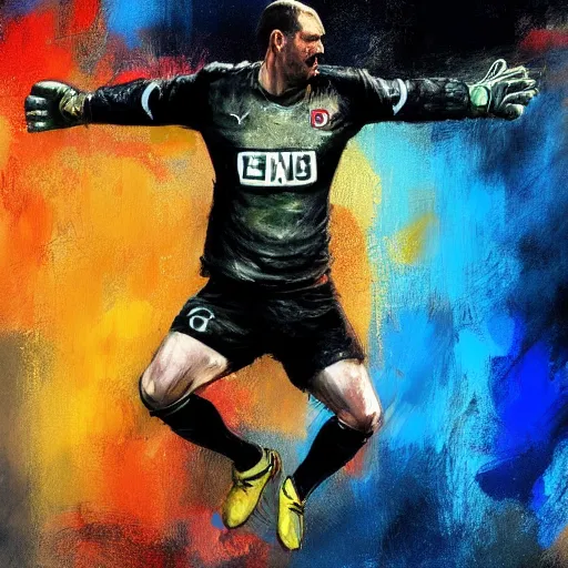 Prompt: A realistic hyperdetailed multi-colored digital oil full body portrait painting of a fat goal keeper jumping saving a shot, black jersey, short hair, in the style of Guy Denning, Ruan Jia, and Craig Mullins. Trending on ArtStation and DeviantArt. CGSociety Digital art.