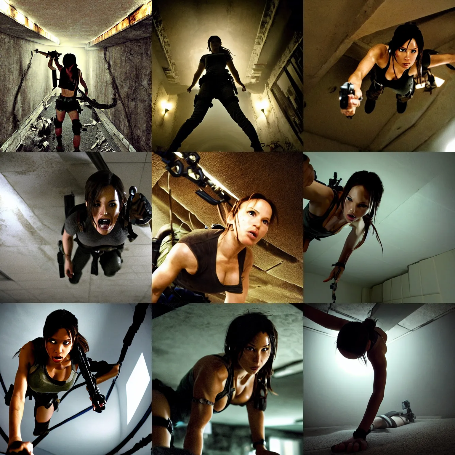 Prompt: Lara Croft crawling along the ceiling, directed by Takashi Shimizu, movie, low angle, camera facing upwards, creepy, dark, horror, scary