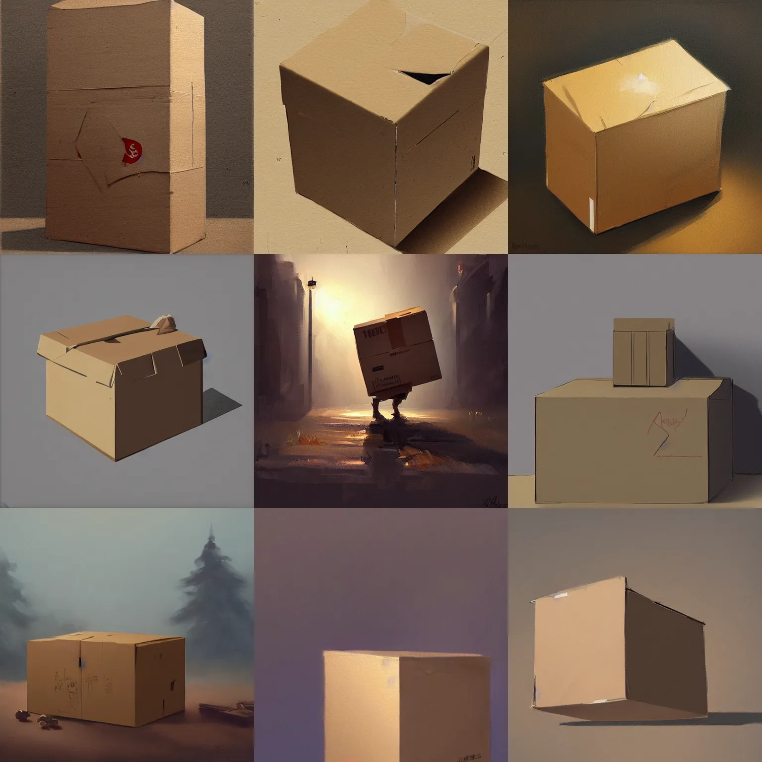 Prompt: a beautiful painting of a cardboard box, trending on artstation, in the style of greg rutkowski