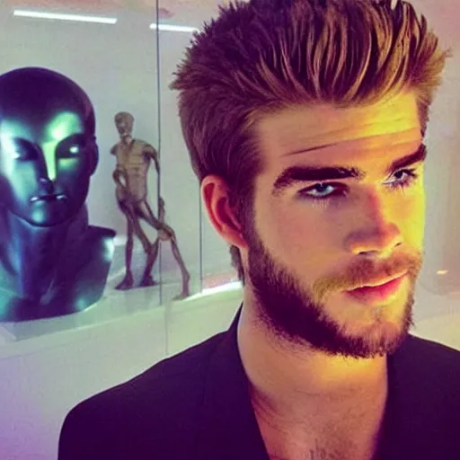 Image similar to “ a realistic detailed photo of a guy who is an attractive humanoid who is half robot and half humanoid, who is a male android, actor liam hemsworth, shiny skin, posing like a statue, blank stare, at the museum, on display ”