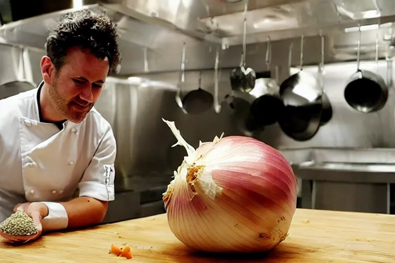 Prompt: a popular chef prepared a large onion with a seasoning of stones