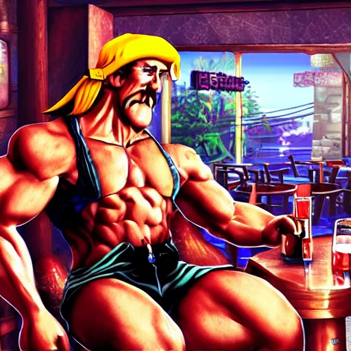 Image similar to hulk hogan having a drink in a tavern, vanillaware artwork