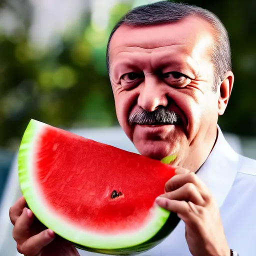 Image similar to recep tayyip erdogan smiling holding watermelon, studio photograph, hd, studio