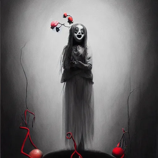 Prompt: painting of Billie eilish with a wide smile and a red balloon by Zdzisław Beksiński, loony toons style, pennywise style, corpse bride style, creepy lighting, horror theme, detailed, elegant, intricate, conceptual, volumetric light