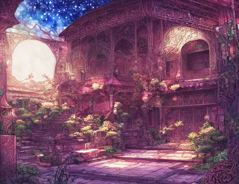 Prompt: persian garden in a galactic fortress. this watercolor painting by the award - winning mangaka has dramatic lighting, an interesting color scheme and intricate details.