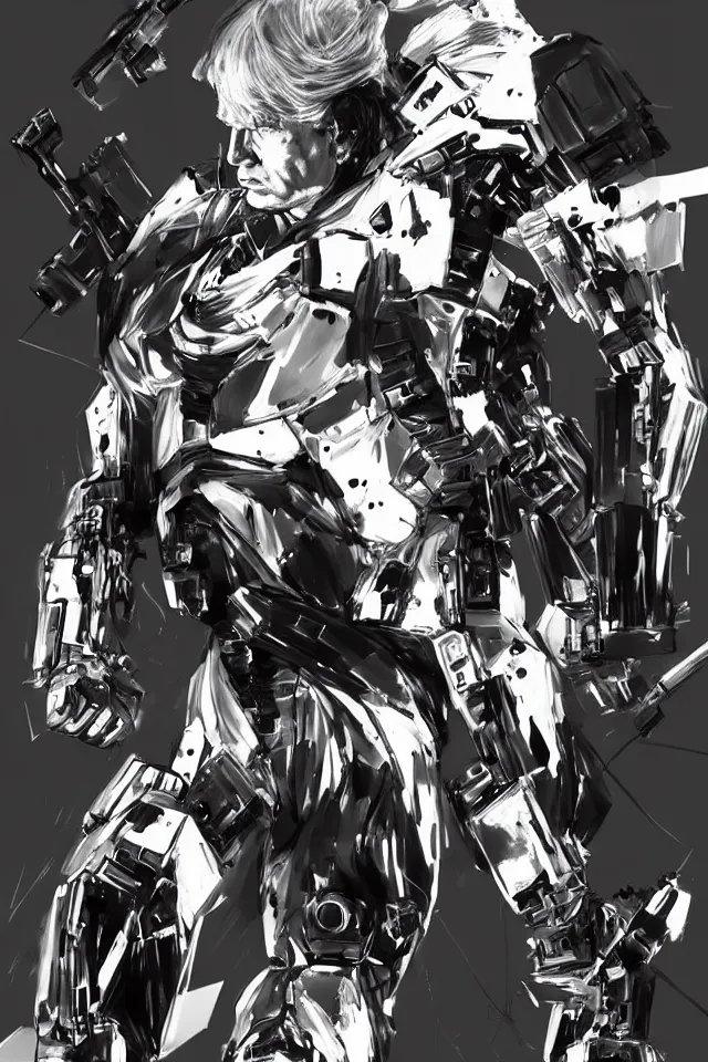 Image similar to a full - body portrait of cyborg donald trump, in yoji shinkawa's art style, metal gear solid art style, highly detailed, 4 k, artistic, white background, b & w