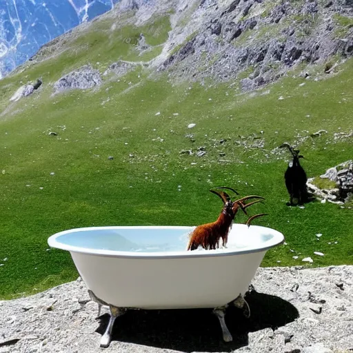 Prompt: dragonfly in a bathtub in the alps, goats!!!!!!!! goat!! sheep!!! in background