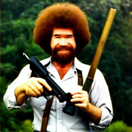 Image similar to bob ross holding a china - lake grenade launcher in the vietnam war
