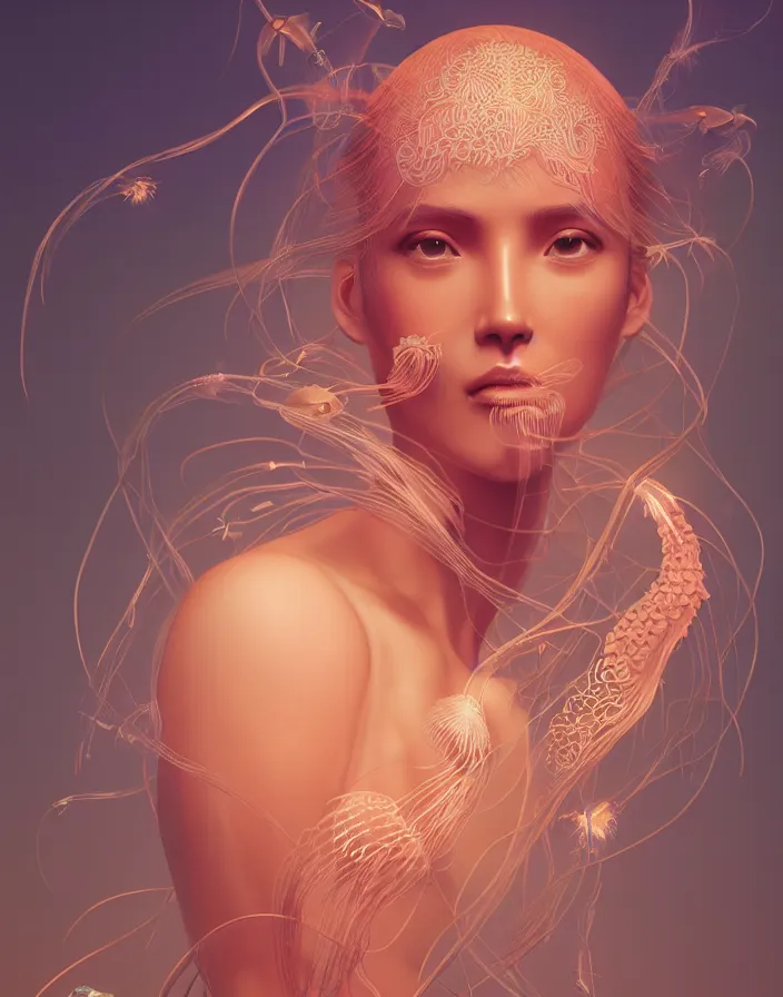 Image similar to goddess portrait. jellyfish phoenix head. intricate artwork by Tooth Wu and wlop and beeple. octane render, trending on artstation, greg rutkowski very coherent symmetrical artwork. cinematic, hyper realism, high detail, octane render, 8k