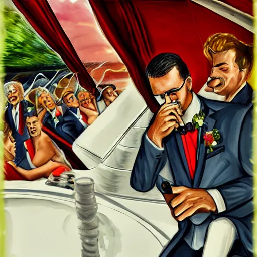 Image similar to a groom smoking a cigar on a large boat. wedding. digital art. highly detailed.