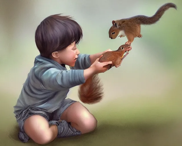 Image similar to a little boy play with a squirrel by samuel smith trending on artstation