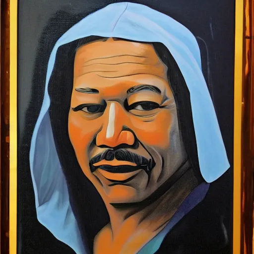 Prompt: A portrait of Morgan Freeman in the style of Mona Lisa, low contrast