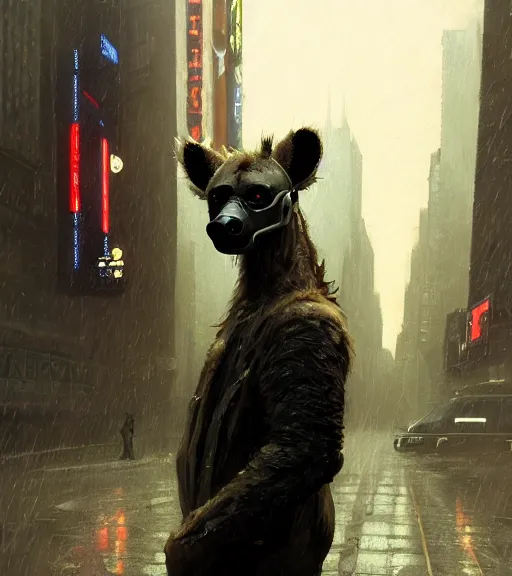 Image similar to new york city portrait of furry anthro anthropomorphic spotted hyena head animal person fursona wearing clothes strange cybernetic muzzle gloomy rainy screenshot from the video game cyberpunk 2077 digital art by Greg Rutkowski, Simon Stalenhag, christopher nolan trending on Artstation, CGSociety