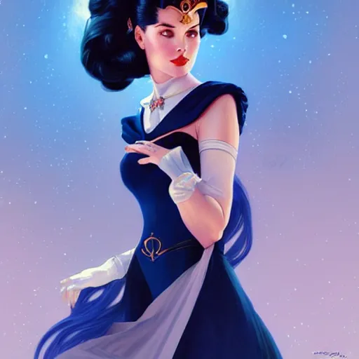 Prompt: Grace Kelly with Dark Blue Hair as Sailor Moon, western, D&D, fantasy, intricate, elegant, highly detailed, digital painting, artstation, concept art, matte, sharp focus, illustration, art by Artgerm and Greg Rutkowski and Alphonse Mucha