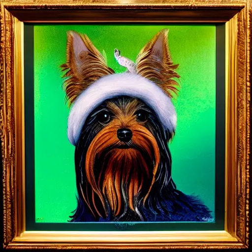 Image similar to Yorkshire Terrier under a rainbow in the style of Lady with an Ermine, head and shoulders portrait, stormy weather, extremely detailed masterpiece, oil on canvas, low-key neon lighting, artstation, Blade Runner 2049, Roger Deakin’s cinematography, by J. C. Leyendecker and Peter Paul Rubens and Edward Hopper and Michael Sowa,