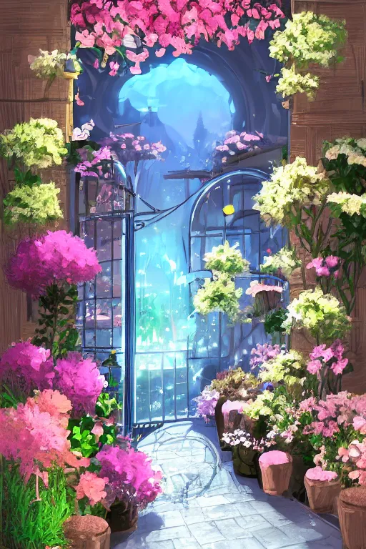 Image similar to a little flower shop's front gate, refreshing, digital illustration, pixiv, dramatic lighting