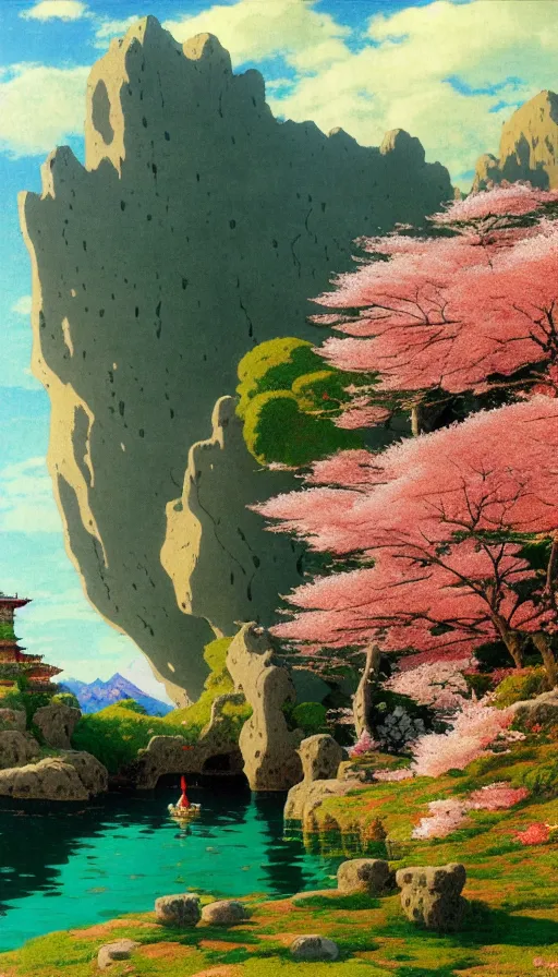 Prompt: ghibli illustrated background of a strikingly beautiful landform with strange rock formations acastle is seen in the distance, and red water and cherry blossoms by vasily polenov, eugene von guerard, ivan shishkin, albert edelfelt, john singer sargent, albert bierstadt 4 k