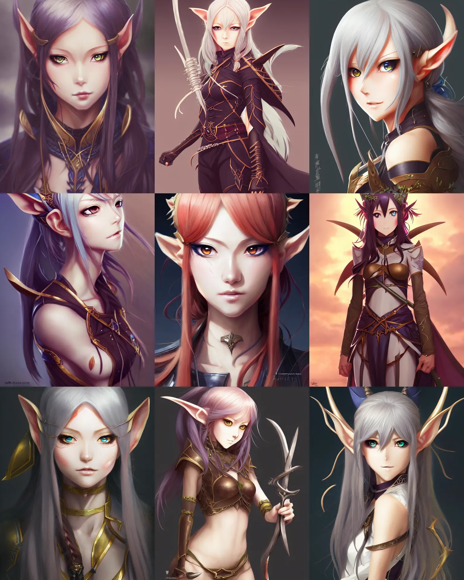 Prompt: An anime elven huntress || hime cut, cute-fine-face, pretty face, realistic shaded Perfect face, fine details by Stanley Artgerm Lau, WLOP, Rossdraws, James Jean, Andrei Riabovitchev, Marc Simonetti, and Sakimichan, tranding on artstation