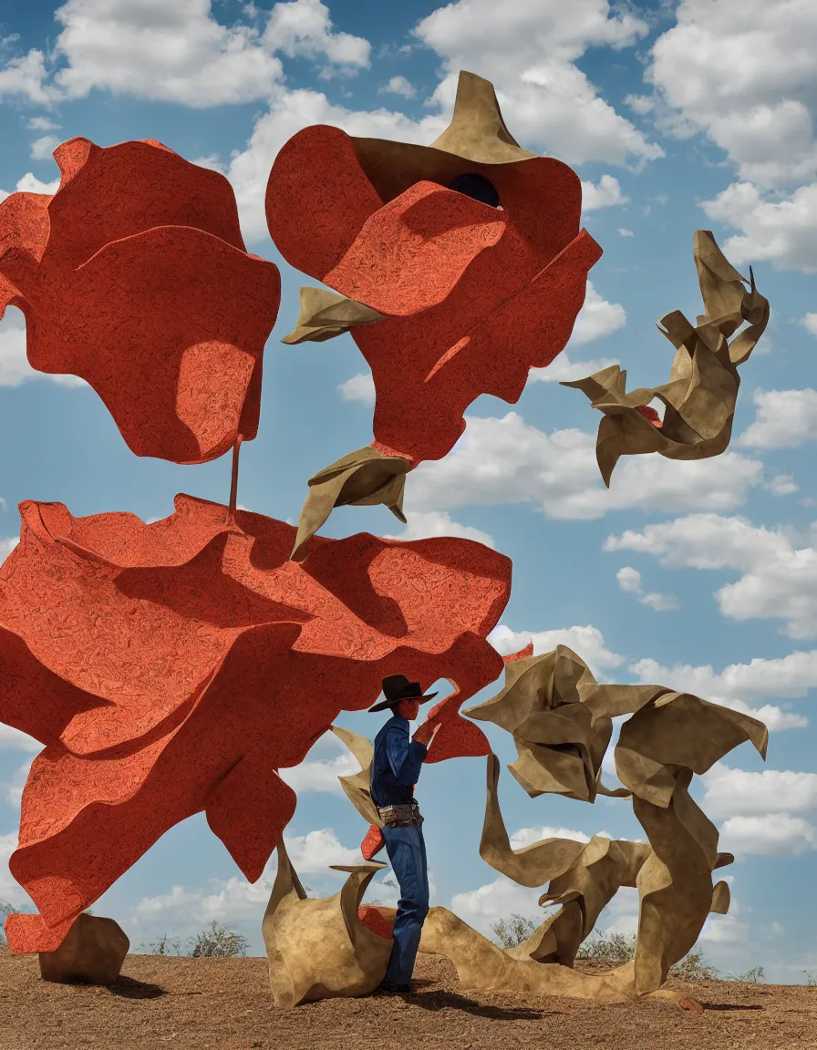 Prompt: a cowboy turning into blooms by slim aarons, by zhang kechun, by lynda benglis. tropical sea slugs, brutalist angular sharp tractor tires. complementary colors. warm soft volumetric dramatic light. national geographic. 8 k, rendered in octane, smooth gradients. origami sculpture by antonio canova.