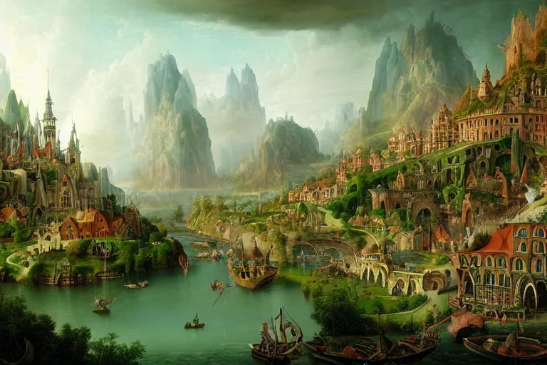 Image similar to a beautiful complex insanely detailed matte painting of a magical city on the river Styx by Heironymous Bosch and Bernardo Bellotto and Tyler Edlin and James Gurney