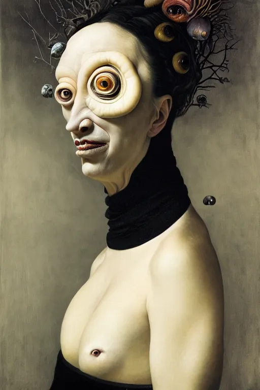 Prompt: a strange surrealist, biomorphic, portrait of a woman with large eyes wearing a black turtleneck, by dali, marco mazzoni, james jean and rachel ruysch, emotionally evoking, looming, head in focus, arcimboldo, volumetric lighting, masterpiece