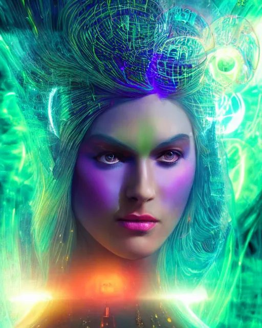 Image similar to a powerful energy psychedelic matrix goddess, by alexander fedosav, hyper detailed digital matte painting, concept art, hyperrealism, 1 6 k resolution, cinema 4 d, 8 k resolution, trending on artstation, behance hd, a masterpiece, by stephan martiniere, particles, cel - shaded, power bright neon energy, by david a. hardy,