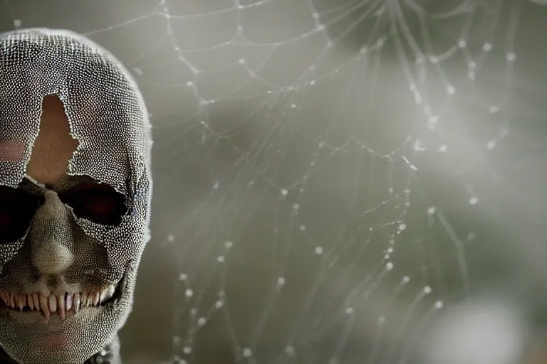 Prompt: portrait of a dusty armored skeleton covered in spiderwebs By Emmanuel Lubezki