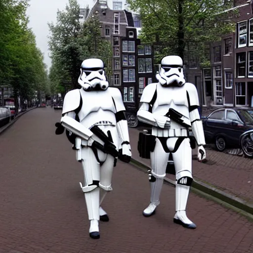 Prompt: stormtroopers walking in amsterdam, digital art