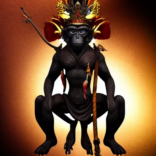 Image similar to monkey king godly lord of monkeys, wearing a crown, holding a staff, sitting in throne, dark lighting, dim lightning, red eyes, gothic dark style, black background, dark room, dusty old ruins 8 k render high detail