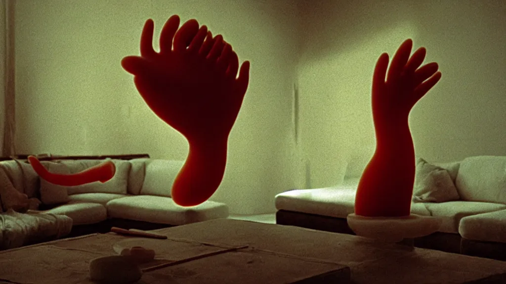 Image similar to a giant hand made of wax float through the living room, film still from the movie directed by Denis Villeneuve with art direction by Zdzisław Beksiński, wide lens