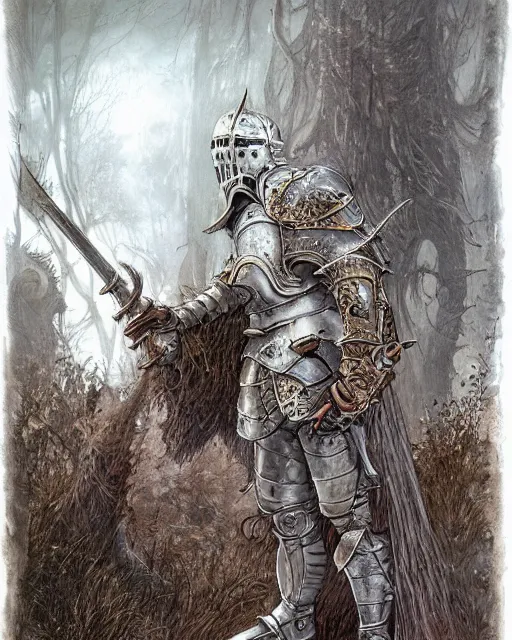 Image similar to a hyper realistic painting of a fantasy undead knight in old broken armor, pale colors, fog, dark fantasy, cinematic lighting, nighttime, by rebecca guay