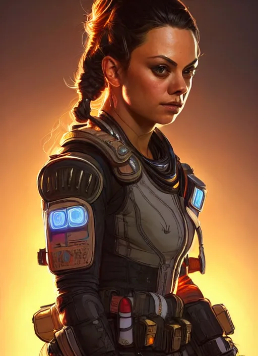 Image similar to portrait of apex legends mila kunis, intricate, elegant, glowing lights, highly detailed, digital painting, artstation, glamor pose, concept art, smooth, sharp focus, illustration, art by artgerm and greg rutkowski, artey freytag