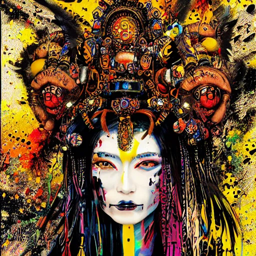 Image similar to high definition highly detailed baroque cyberpunk shamaness, varnished oil paint in bright colors on black background with small background color splatters, by katsuhiro otomo