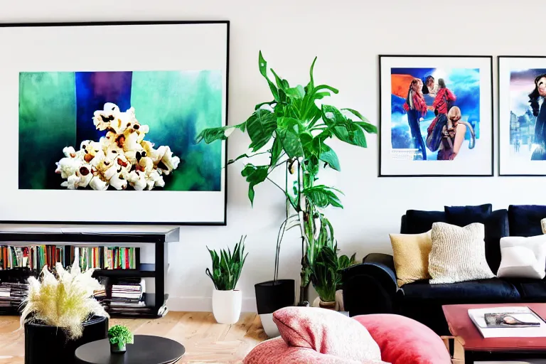 Image similar to very wide angle view, a modern home movie theater with big screen, stylish wall sconces, old popcorn machine!, movie posters on the wall!, plants very happy and cozy, interior designed by kelly wearstler, rough watercolor painting