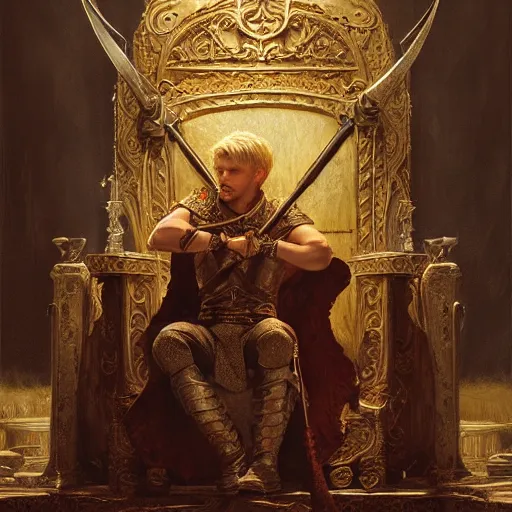 Prompt: attractive king arthur pendragon, sat in his throne, big arches in the back, natural lighting, path traced, high quality, very detailed digital painting, by gaston bussiere, craig miller, j. c. leyendecker