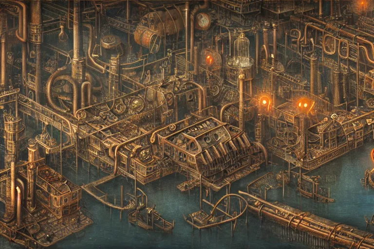Image similar to an elaborate penned illustration of a apocalyptic intricate connected city of tubes and pipes, muted colors, copper pipers, by jan van haasteren and jheronimus bosch, unreal engine, physically based rendering, ariel view, tilt - shift, grim, moody, shiny, industrial, water, smoke, reflective, cinematic, isometric