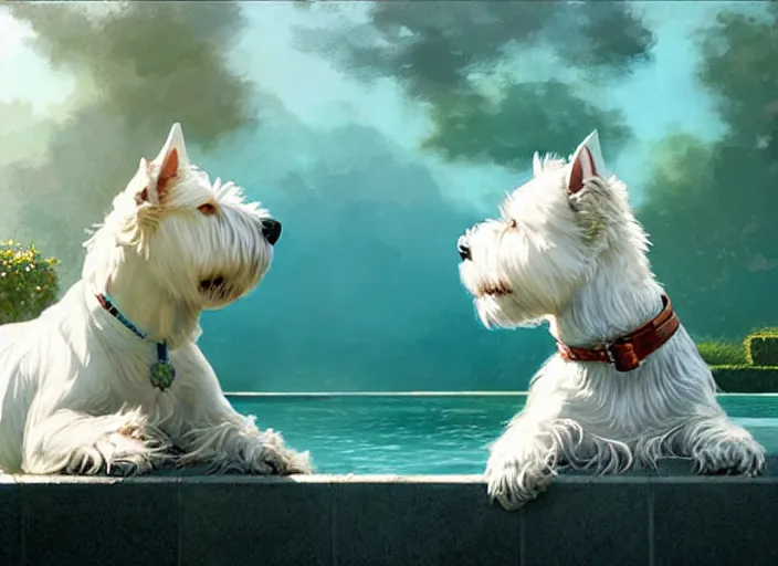 Image similar to west highland white terrier sitting by a pool, bright, reflections, intricate, sharp focus, lens flare, bloom, illustration, highly detailed, digital painting, concept art, matte, art by ruan jia and wlop and greg rutkowski, masterpiece