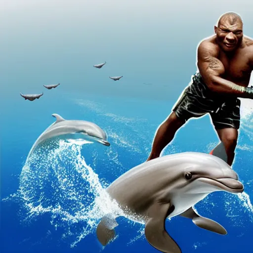 Prompt: mike tyson riding a dolphin through space photograph