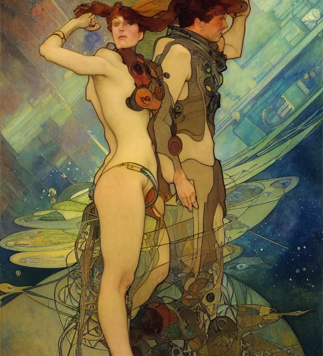 Image similar to spaceship war in the ocean planet, solarpunk style,, by egon shiele and alphonse mucha, with influence of jeremy mann, peter lindbergh, dave mckean, maurice sapiro, and frank moth, soft lightning, highly detailed, 8 k