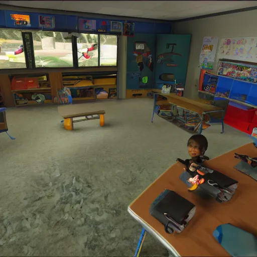 Prompt: screenshot of video game, call of duty, inside elementary school, children are sat down learning in the classroom