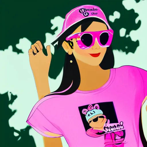 Prompt: a beautiful princess wearing short, T-shirt, pink cap and sun glasses,Disney style, digital art